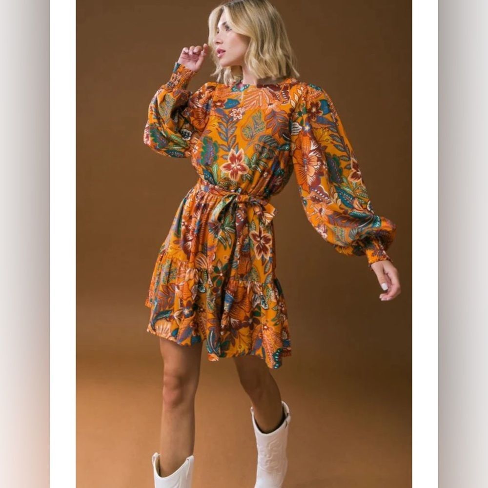New FLYING TOMATO A Printed Woven Mini Mustard Dress